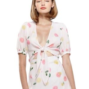 NWT Anthropologie Nurode Fruit Punch Lemon Tie Waist Open Front Crop Blouse - L